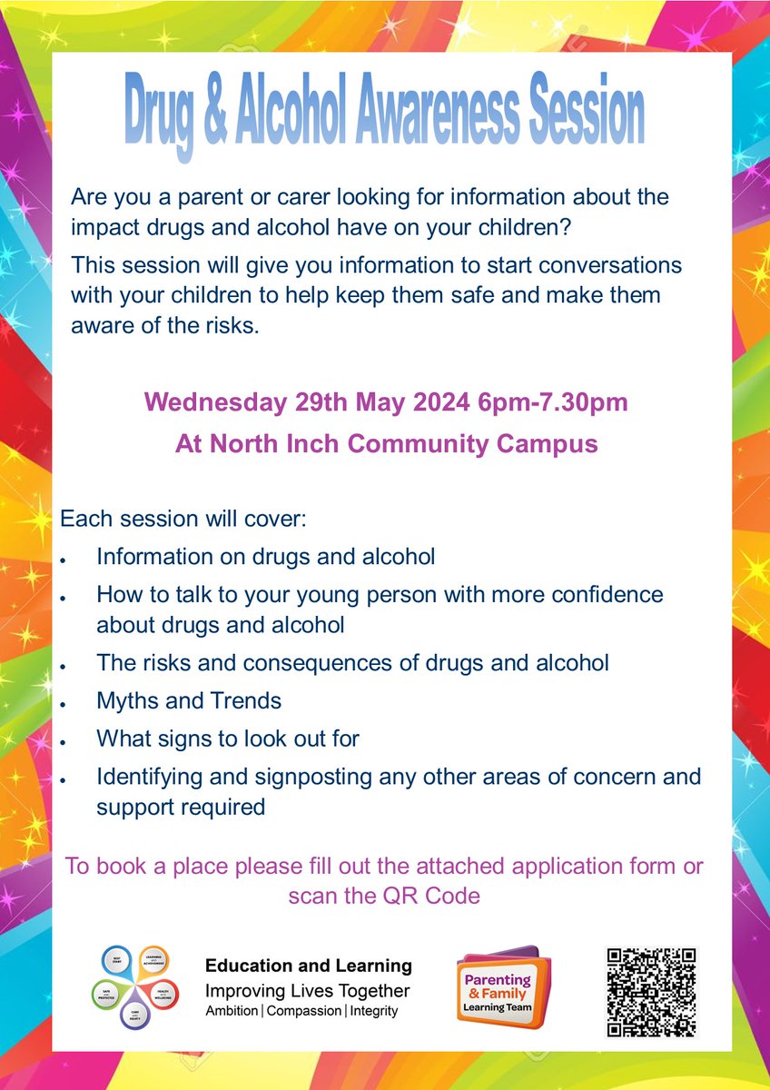 Drug &amp; Alcohol Awareness Session.
Wednesday 29th May 2024 from 6pm-7pm at North Inch Community Campus.
Please follow the link to book a place forms.office.com/e/P8L08SMRpK
For more information about our team, please visit the website pkc.gov.uk/parenting