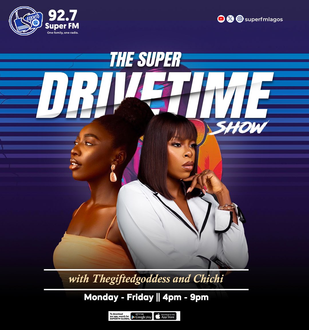 SuperFMLagos's tweet image. THE SUPER DRIVE TIME SHOW!!

The drive time girlies are in the studio with plenty to talk about this evening.

Sit back, relax and catch all the excitement with @gifted_goddes and @ChidinmaEliogu 

#Superfmlagos

Listen online 👉🏾 Superfm.online/Lagos