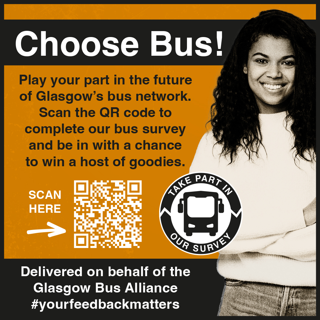 We want to hear from you! Share your thoughts on bus services, safety, infrastructure and more in our Glasgow travel survey.

Complete the survey here: bit.ly/49E4t2y

#ChooseBus #Glasgow

#YourFeedbackMatters