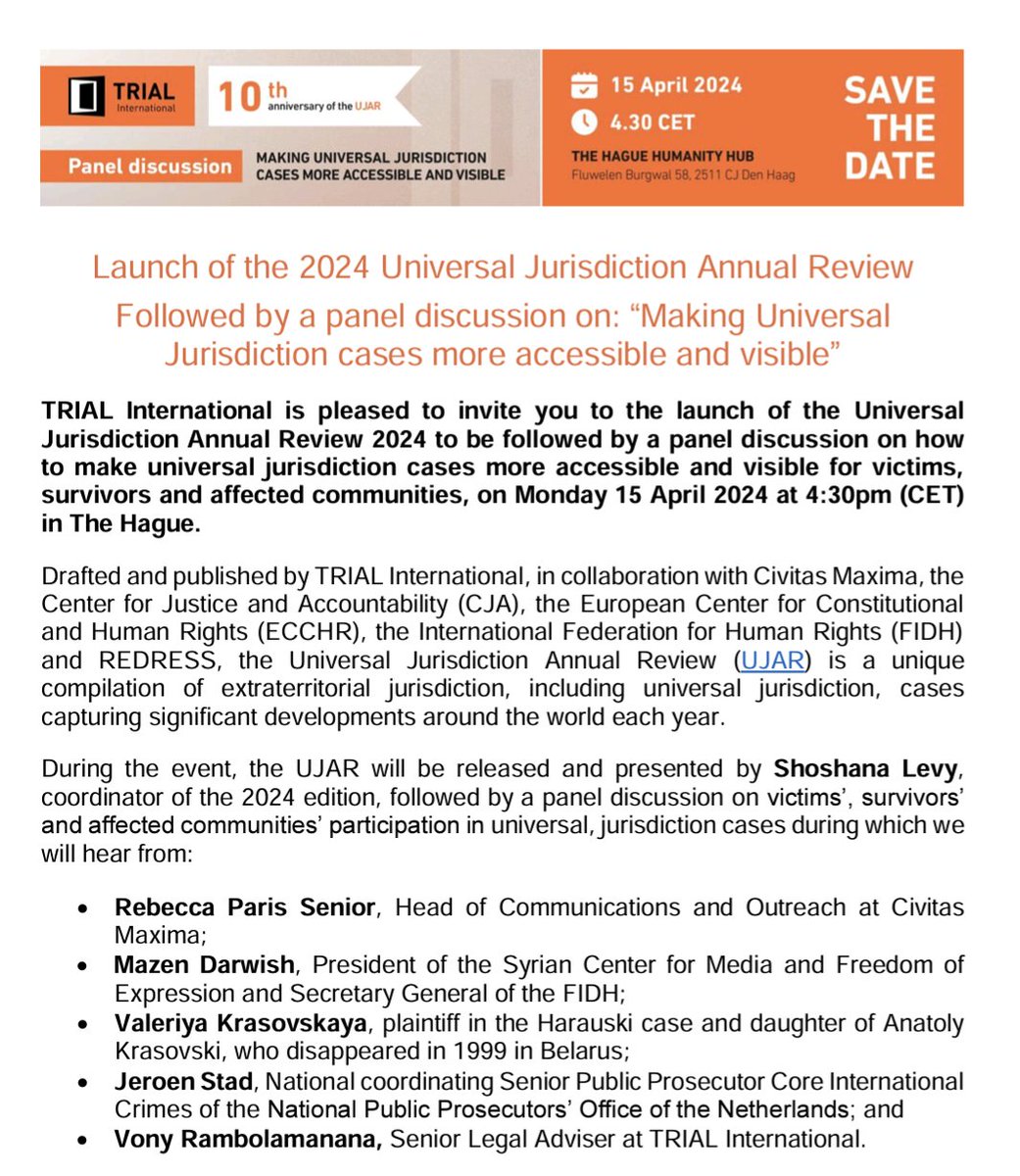 At the Launch of the 2024 #UniversalJurisdiction Annual Review with a panel discussion on: “Making Universal Jurisdiction cases more accessible and visible” Despite the growth of UJ worldwide, only 13 domestic jurisdictions currently have open extraterritorial cases.
