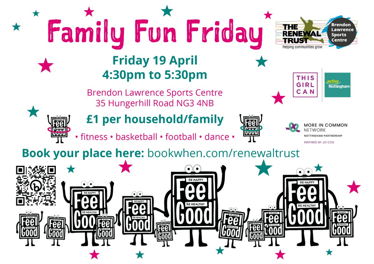 April's Family Fun Friday will take place on Friday 19 April. Join us for an hour of family fitness, sports and fun from 4:30pm to 5:30pm at the Brendon Lawrence Sports Centre. £1 per family. Book your place here: bookwhen.com/renewaltrust #FeelGood