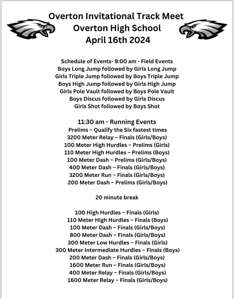 OvertonTrack's tweet photo. Schedule of events for our Overton Invitational tomorrow! Meet begins at 9AM! Come out and support the Eagles at home 🦅⚡️@OvertonEagles https://t.co/UOfDAeiuT5