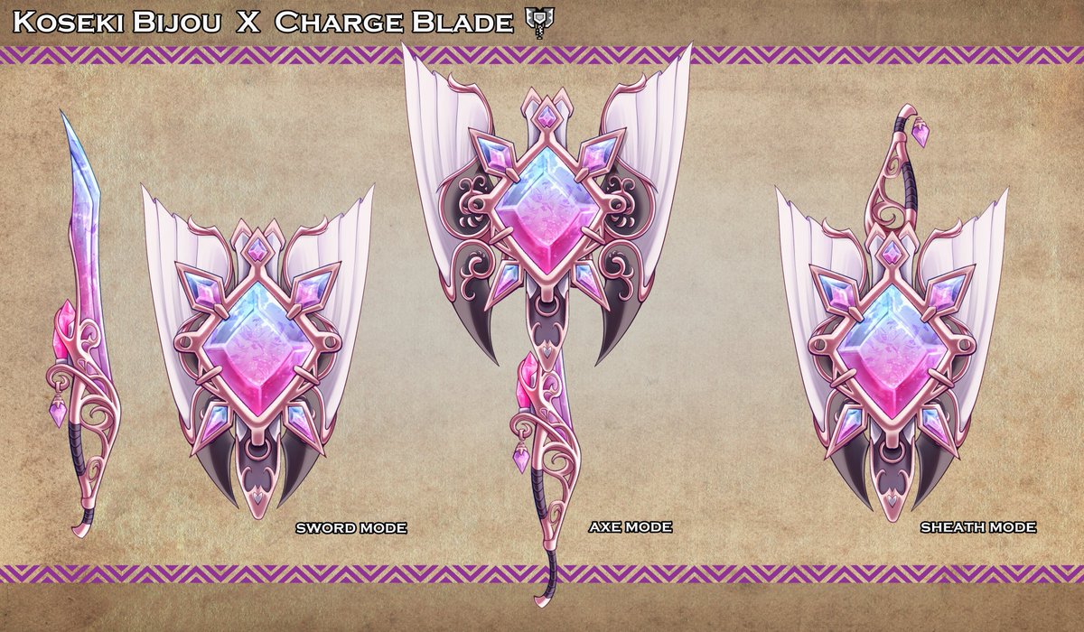 I designed a set of charge blade assets inspired by biboo's design! including sword, axe and sheathed mode! png link in comment! #bijouwled