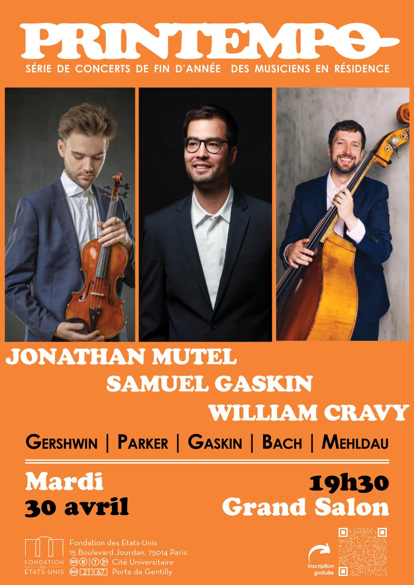 #Concert #Printempo

Gaskin, Mutel &amp; Cravy Trio vous invitent à un concert dont la diversité musicale nous transportera dans divers univers musicaux.

📆 30/04 – 19h30
ℹ fondationdesetatsunis.org/fr/gaskin-mute…