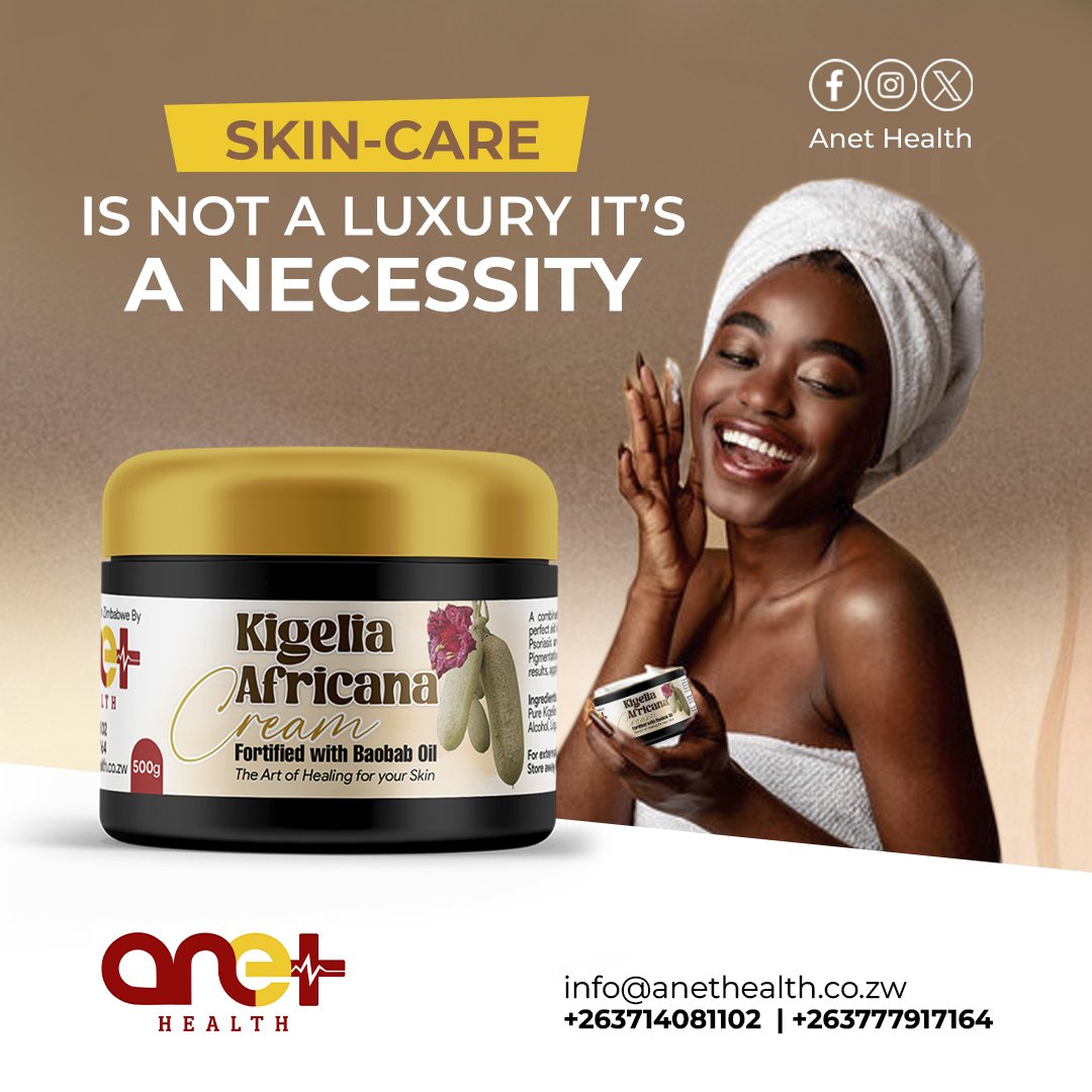 AnetHealth's tweet photo. Who said skin-care is a luxury ?
Show some love to your skin with Kigelia Africana Cream

Perfect aid in the treatment of
✅️Sun Cancer Spots
✅️Eczema
✅️Psoriasis
✅️Acne

It also helps prevent and treat Sunburn, Skin Pigmentation and enhances natural skin tone.

#skincare https://t.co/JEHEKVv0w6