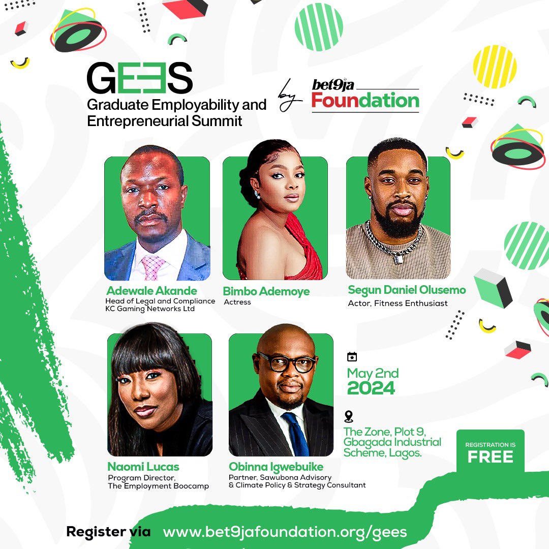 10 Visionary Speakers 🎙️ One Amazing Summit 

Meet the Speakers for our Graduate Employability and Entrepreneurial Summit, Lagos edition🔥 

Register for FREE: docs.google.com/forms/d/e/1FAI…

#Bet9jaFDNGees 
#BettingOnYou 
#Bet9jaFoundation