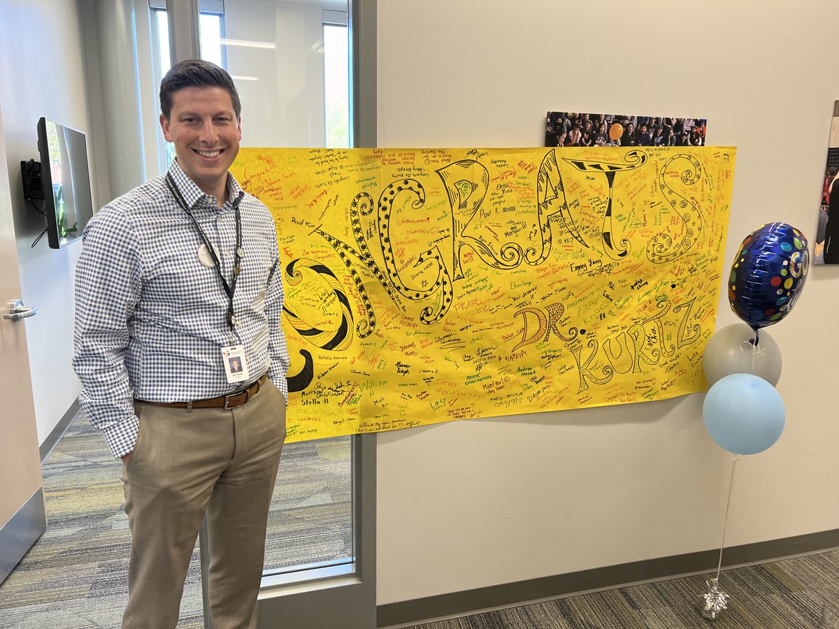 Kudos to Maple Principal @skurtz_sam, who successfully defended his dissertation through National Louis University this past Friday. Students and staff created this sign here to mark this major milestone. Congratulations, Dr. Kurtz! #d30learns