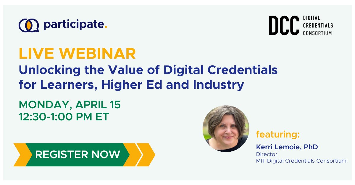 🚨 Starting in 1 hour! 

Don't miss our conversation with Kerri Lemoie on the transformative power of #DigitalCredentials with Dr. Kerri Lemoie. Find out how they're changing the game for learners and professionals alike.

🕒 Today, 12:30 PM ET participate.zoom.us/webinar/regist…
<a href="/kayaelle/">Kerri Lemoie, PhD</a>