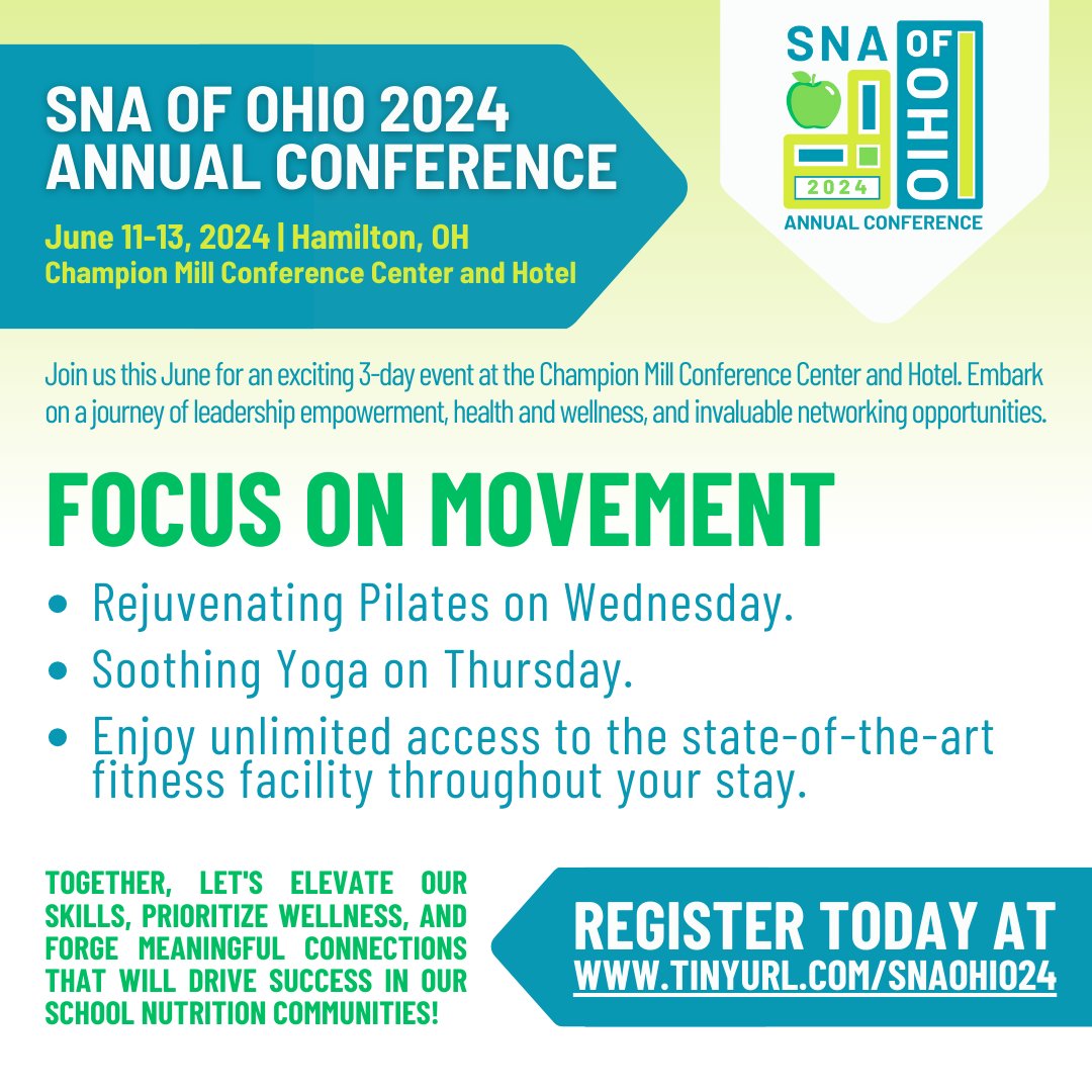 Get ready to move and groove at our 2024 Annual Conference! 🧘‍♂️ Don't miss out on pilates, yoga, and unlimited access to the fitness facility! 💪 Secure your spot today at fig.events/conference-det… #SNAofOhio #Ohio #schoolnutritionassociation #schoolnutrition #healthystudents