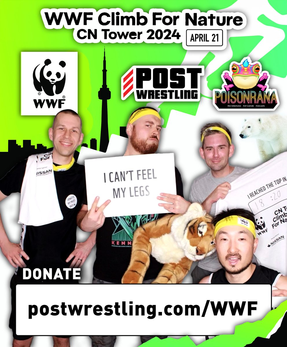 This Sunday! Team @POSTwrestling x @PoisonranaPod attempts to conquer the CN Tower once more in support of @WWFCanada 🐼 Donate today: postwrestling.com/wwf