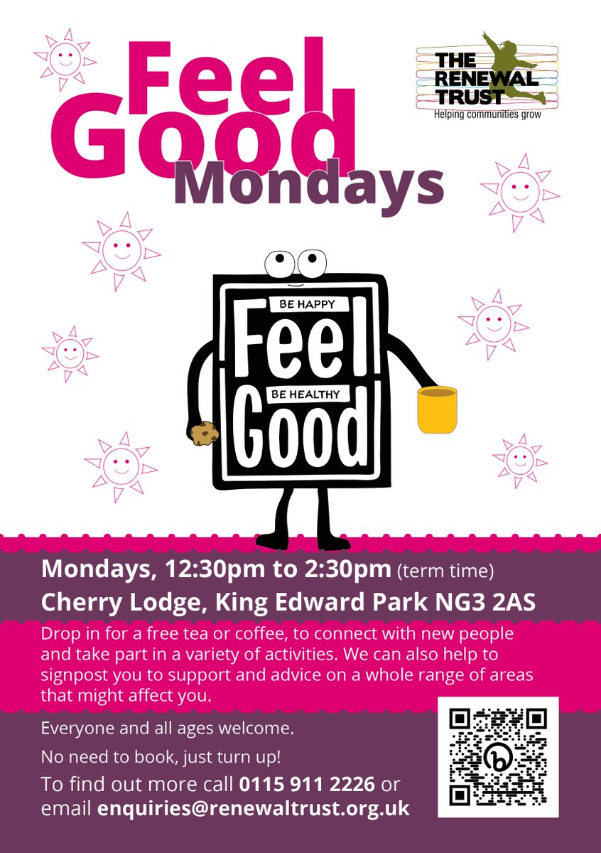 Join us for Feel Good Mondays from Monday 22 April. Drop into Cherry Lodge on King Edward Park anytime between 12:30pm and 2:30pm for a hot drink and a chat. Everyone welcome and no need to book, just turn up! #FeelGood