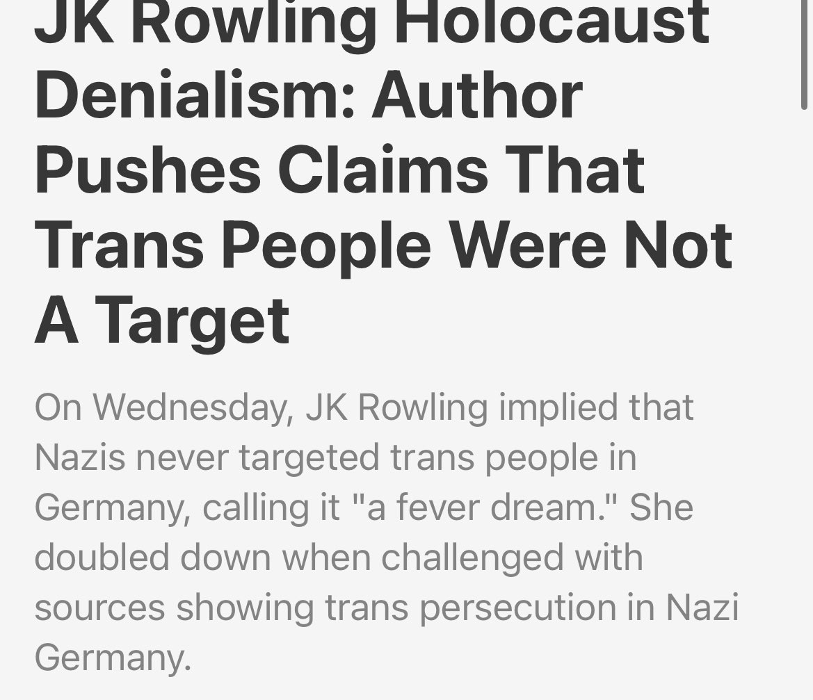 JK Rowling threatens to sue anyone who rightfully calls out the things she says are anti-trans. She can only do this in the UK where defamation laws allow people with money to chill free speech. JK Rowling is a holocaust denier, denying trans people were targeted.