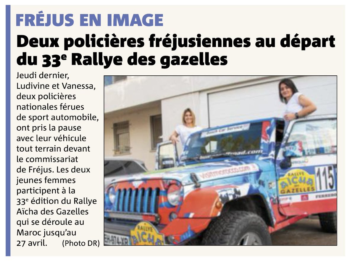 🚘 Tous mes encouragements à ces deux policières fréjusiennes qui participent à la 33e édition du Rallye Aïcha des Gazelles du Maroc. Inscrit dans un programme RSE axé sur l’empowerment des femmes et le respect des pays traversés, ce Rallye est un événement engagé qui a du sens.