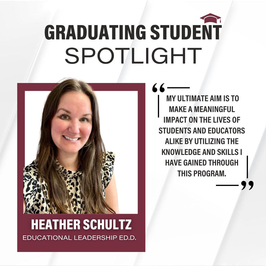 ⭐ Today's graduating student spotlight: Meet Heather Schultz! Heather, from Pensacola, Florida, is graduating with her Ed.D. in Educational Leadership. To read more about her educational journey and aspirations, visit this link: bit.ly/3VQI9PH #graduate