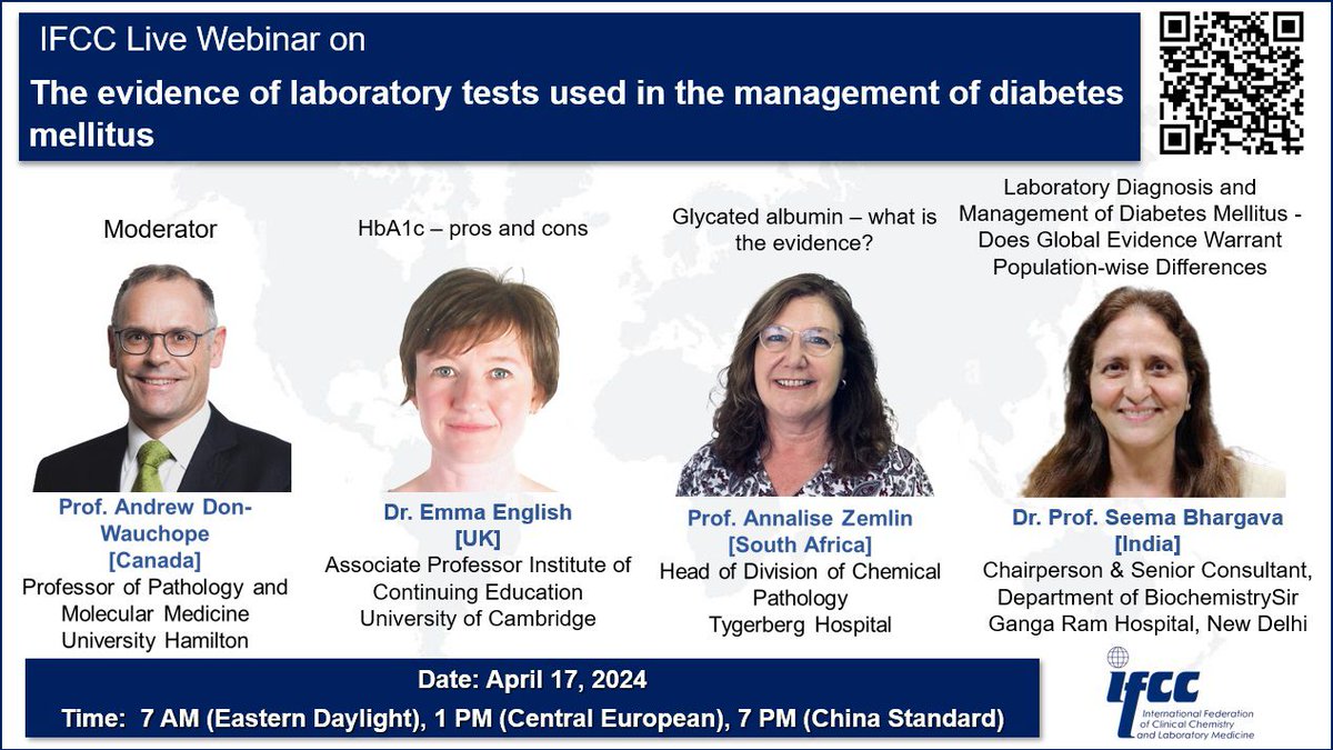 Mark on your agenda next #IFCCWebinar on “The evidence of laboratory tests used in the management of diabetes mellitus”. Date: 17th April 2024 Certificate of participation available for all registrants Register here: workcast.com/register?cpak=… #IFCCLiveWebinars #webinar #ifcc