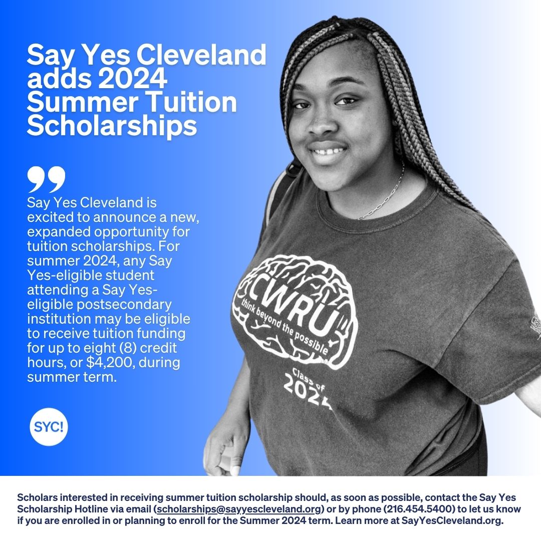 Scholars, we are excited to share an expanded scholarship opportunity for the Summer! Eligible students attending a Say Yes-eligible institution can receive funding for up to 8 credit hours during the summer term. That's up to $4,200! Learn more here: bit.ly/4aSwCUj