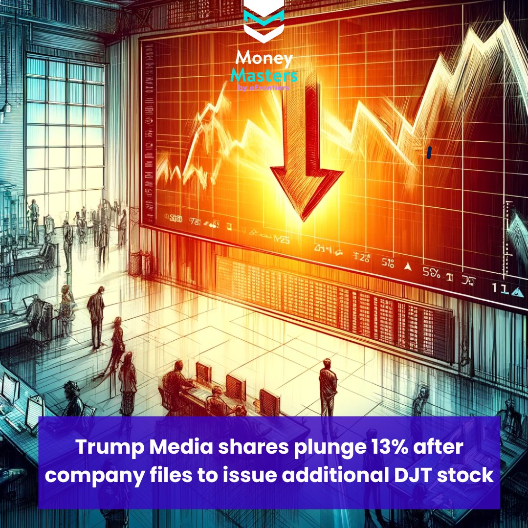 moneymastersapp's tweet image. 📉🔍 Trump Media shares plunge 13% as it files to issue more stock amid Donald Trump&apos;s criminal trial. Plans to raise $247M by offering 21.4M shares. Market reactions and legal dramas collide. #TrumpMedia #StockNews #TrialUpdate