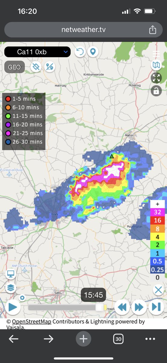 Thunderstorm moving south eastwards across the #YorkshireWolds currently. Reports of hail, gusty winds and frequent lightning from this area.