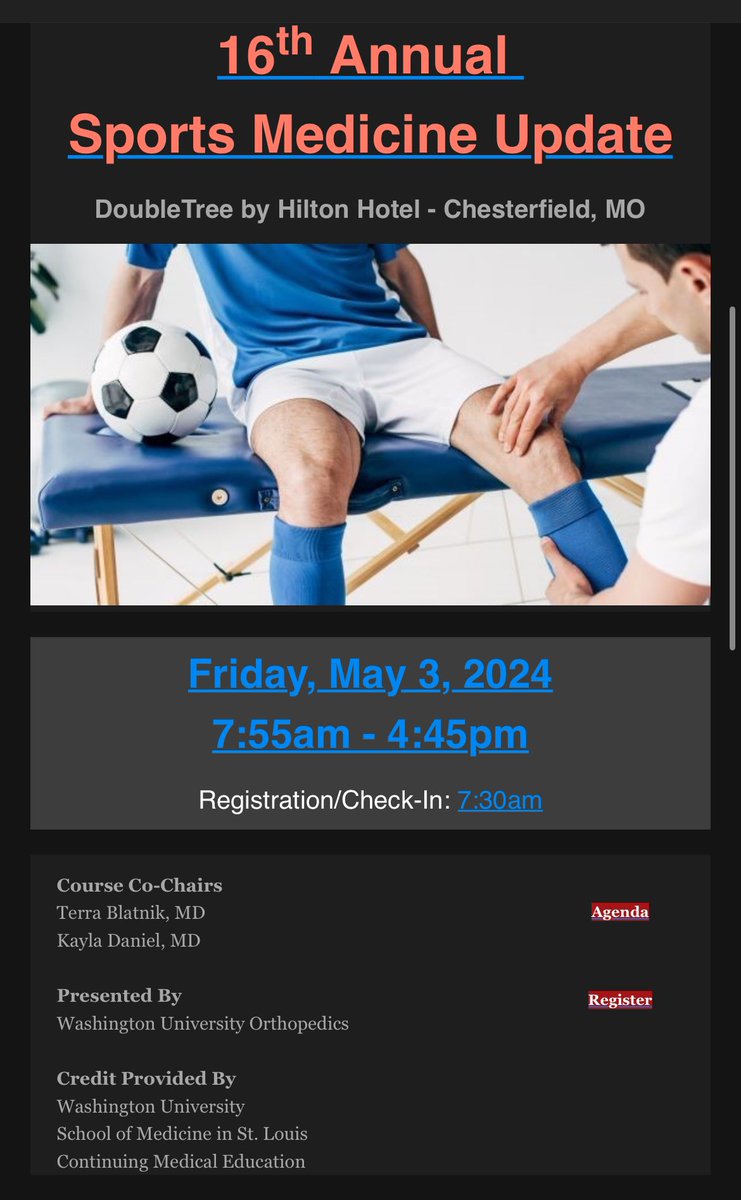 It’s time again for the 16th Annual Sports Medicine Update. In person this year! Registration and agenda link cme.wustl.edu/index.cfm?do=p…