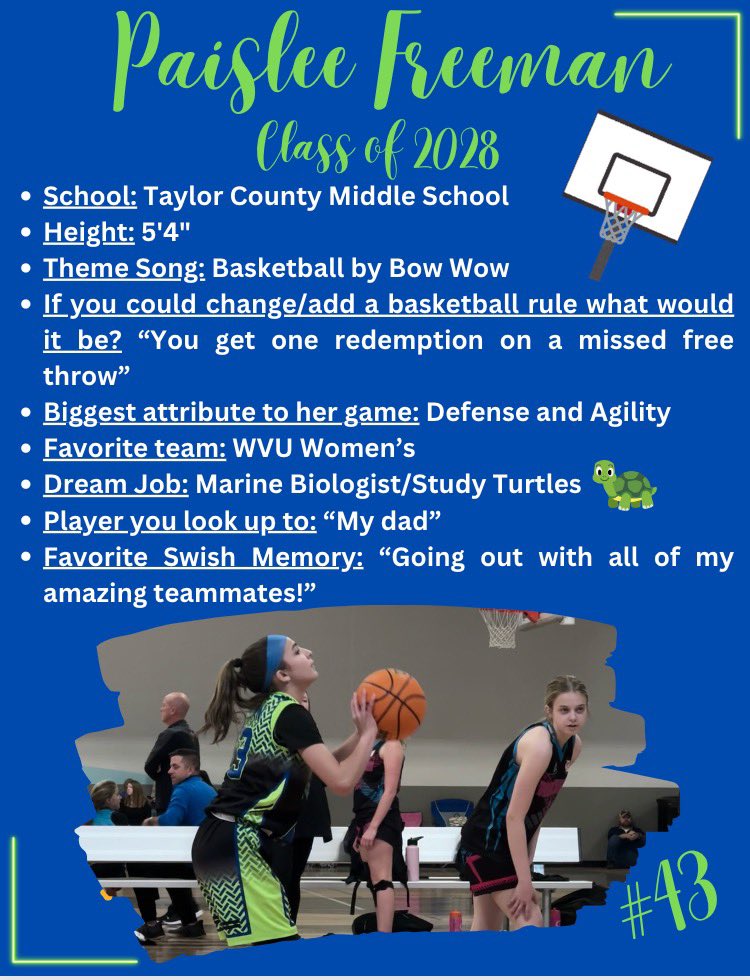 Miss Paislee has our player spotlight today!!

Check out her player profile at 

wvswish.com/paislee-freeman

#OneSwishFamily 💙💚