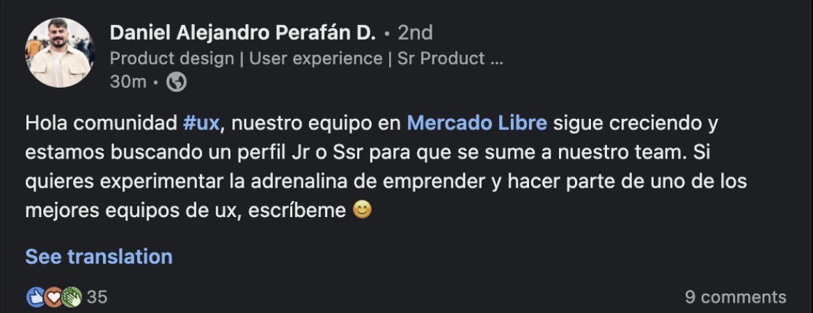 Estás buscando tu PRIMERA CHAMBA UX? 😱

<a href="/Mercadolibre/">Mercado Libre</a> está buscando PERFILES JR para incorporar a su equipoooo🙌🙌🙌

Si sos JR y estás buscando laburo escribile y seguro tienen lugar para vos! No te regalés y escribile ahoraaa!⚡️