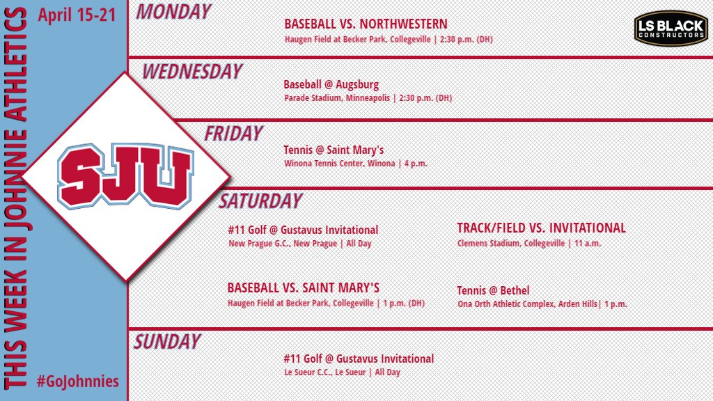 THIS WEEK: <a href="/SJU_Baseball/">SJU Baseball</a> begins a busy week by hosting Northwestern today, SJU Tennis hits the road for two matches this weekend, No. 11 <a href="/johnniesgolf/">SJU Golf</a> competes at Gustavus' invitational &amp; SJU Track &amp; Field hosts a meet Saturday!

#GoJohnnies