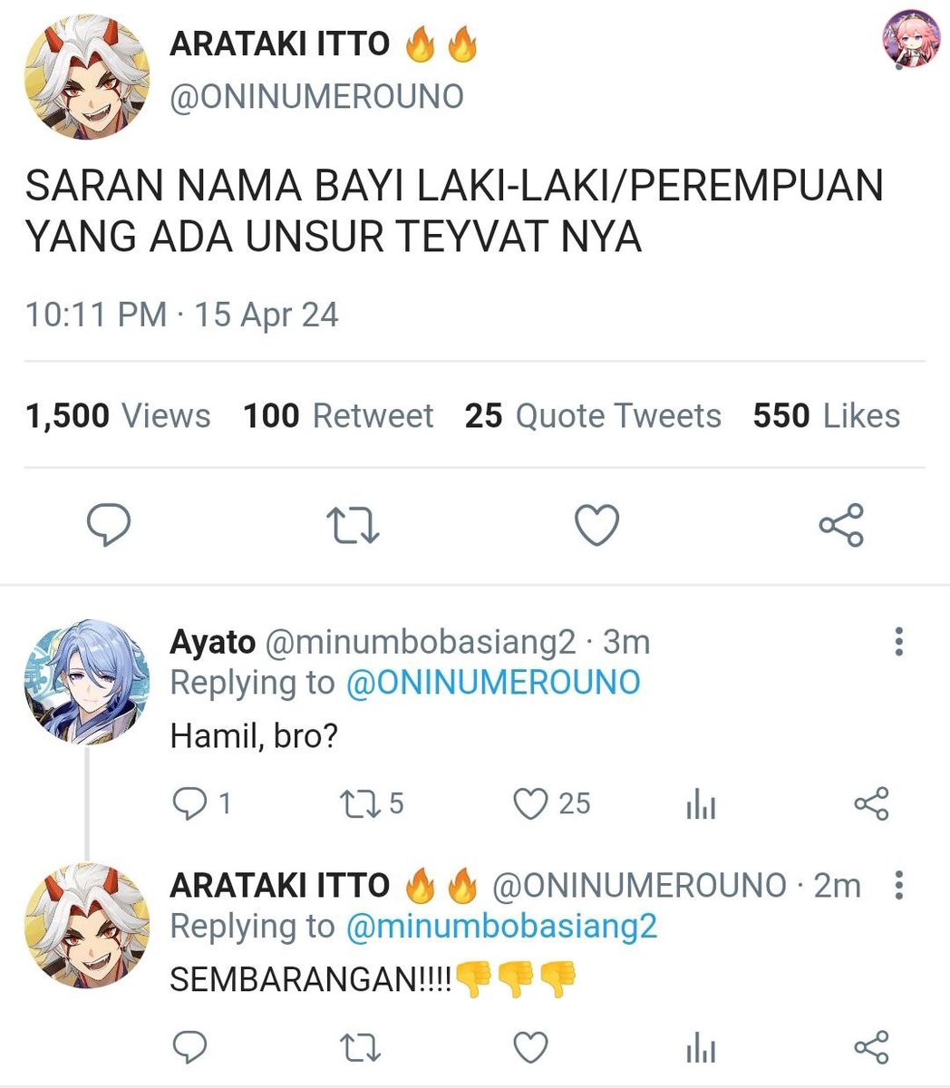 no ship few tweets chat fic! Beberapa chara genshin ngejawabin twitnya Itto tentang ide nama anak dengan unsur teyvat, yg mau ditag drop uname!