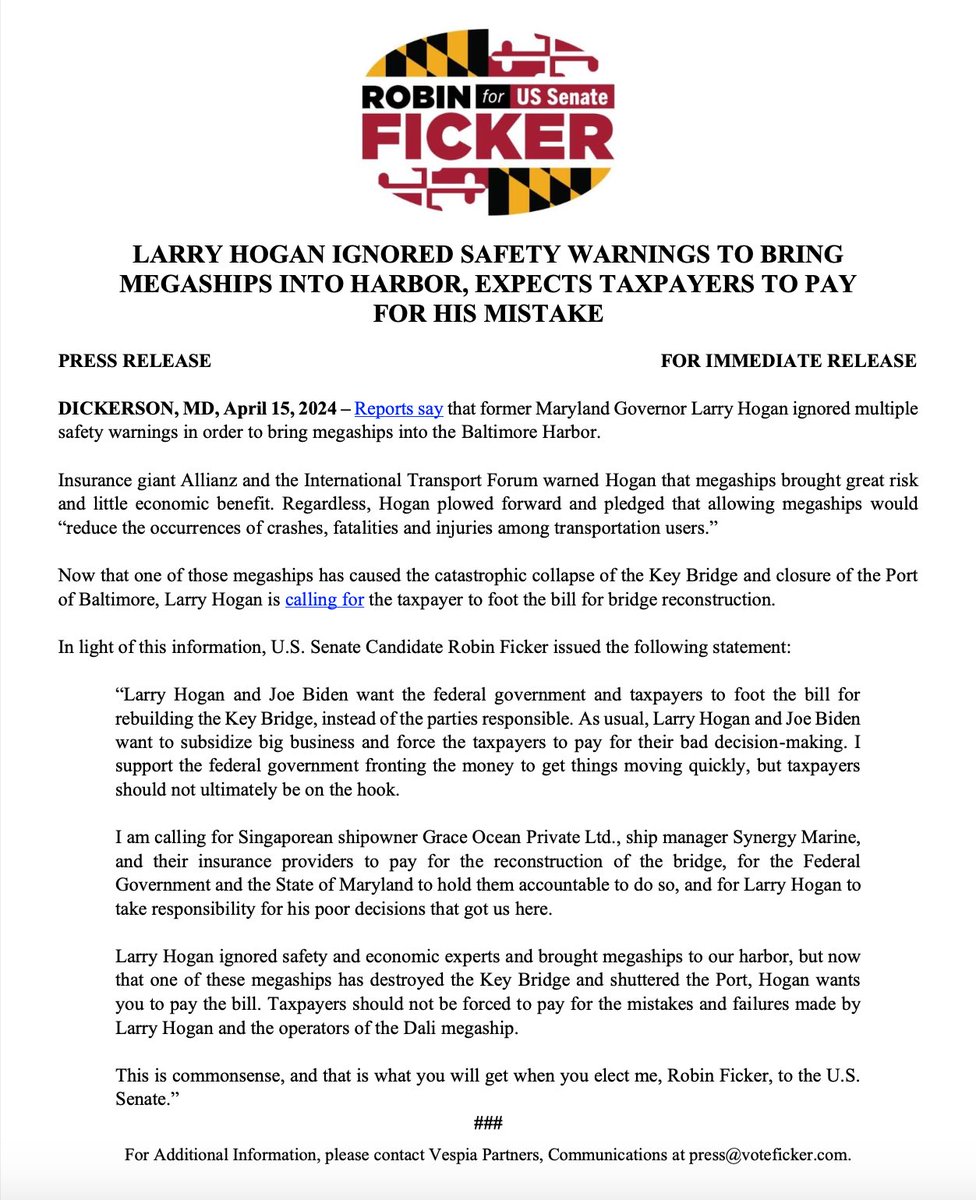 🚨FOR IMMEDIATE RELEASE:

LARRY HOGAN IGNORED SAFETY WARNINGS TO BRING MEGASHIPS INTO HARBOR, EXPECTS TAXPAYERS TO PAY FOR HIS MISTAKE

I am calling for Singaporean shipowner Grace Ocean Private Ltd., ship manager Synergy Marine, and their insurance providers to pay for the