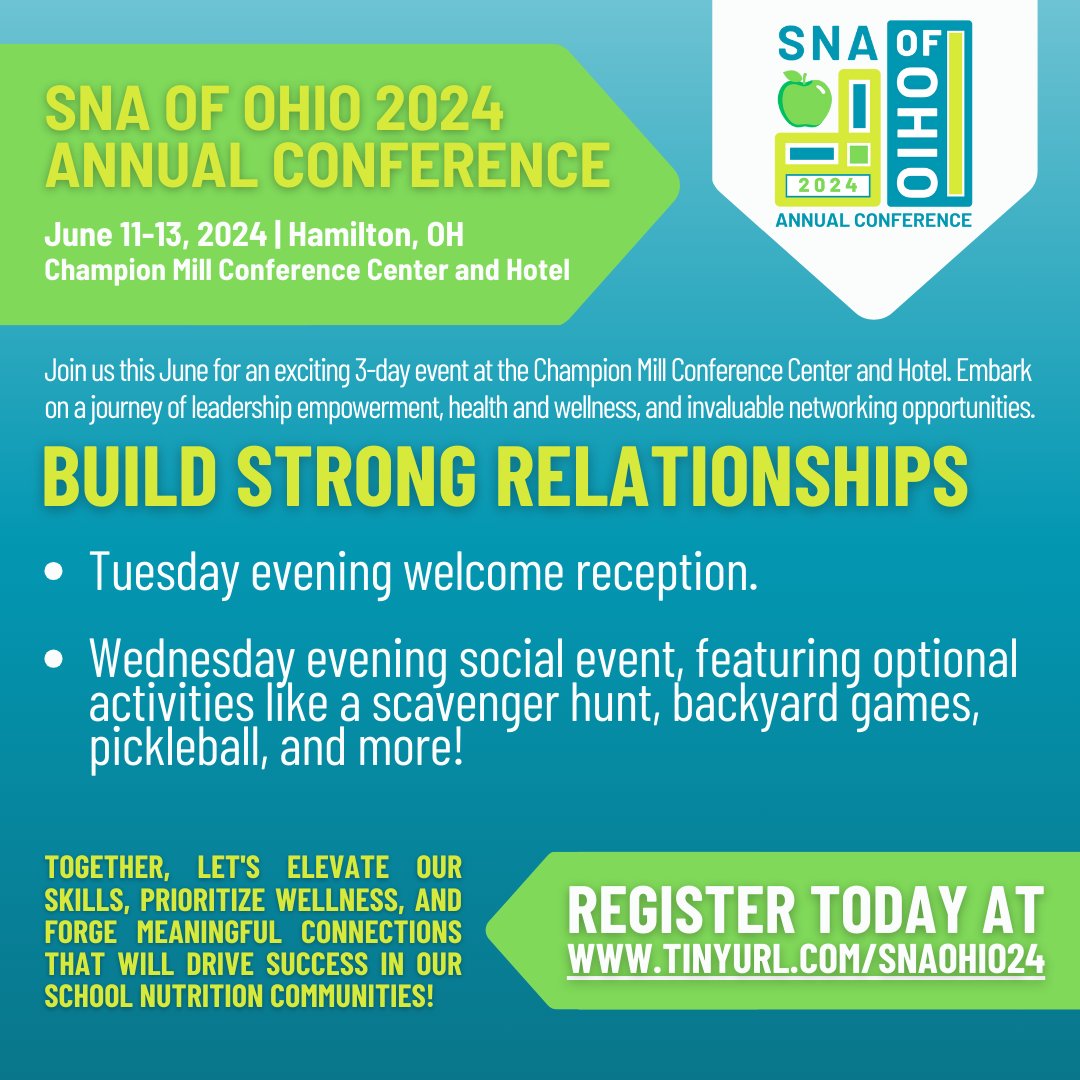 Ready to connect? 🤝 Our 2024 Annual Conference is the place to be! Register now at fig.events/.../c35b23d7-5… and let's strengthen bonds while enjoying unforgettable moments. 🤩 See you there! #SNAofOhio #Ohio #schoolnutritionassociation #schoolnutrition #healthystudents