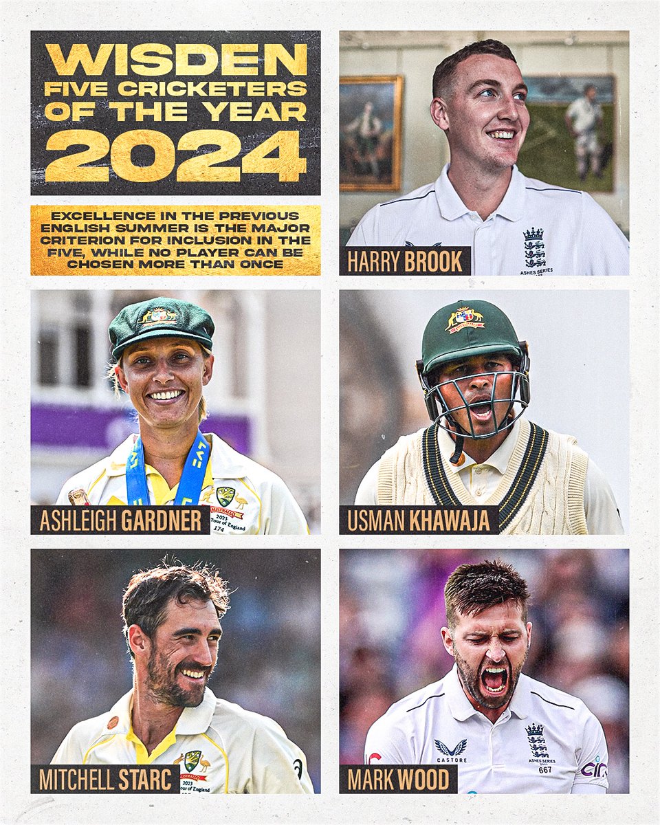 🏏 The Five Wisden Cricketers of the Year 🏏 🏴󠁧󠁢󠁥󠁮󠁧󠁿 Harry Brook 🇦🇺 Ashleigh Gardner 🇦🇺 Usman Khawaja 🇦🇺 Mitchell Starc 🏴󠁧󠁢󠁥󠁮󠁧󠁿 Mark Wood #WisdenAwards