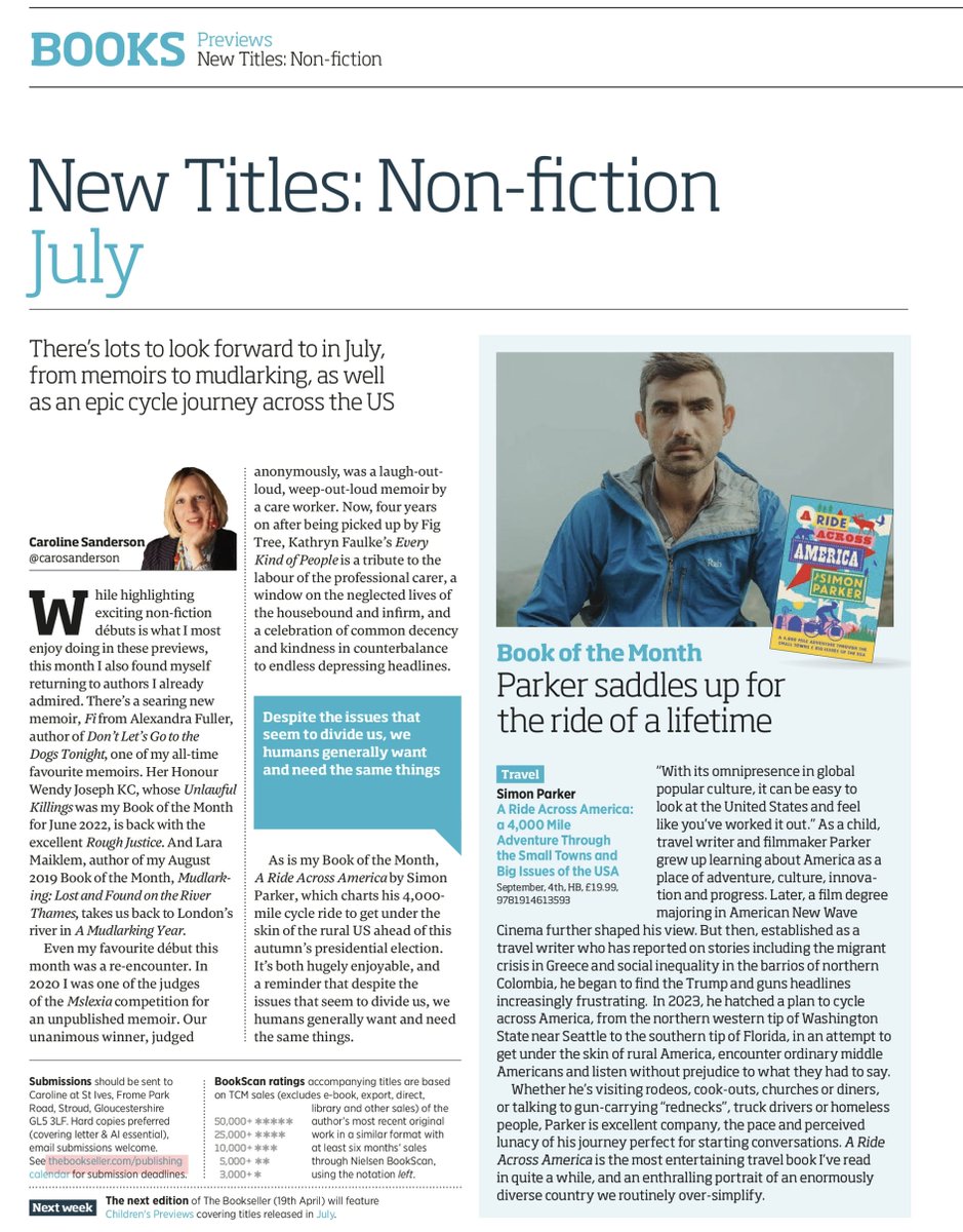 Thank you to @CaroSanderson and the @thebookseller for this first review of my new book, A Ride Across America, published by @septemberbooks. July's non-fiction Book of the Month. The book comes out on 4 July and is available for pre-order now.