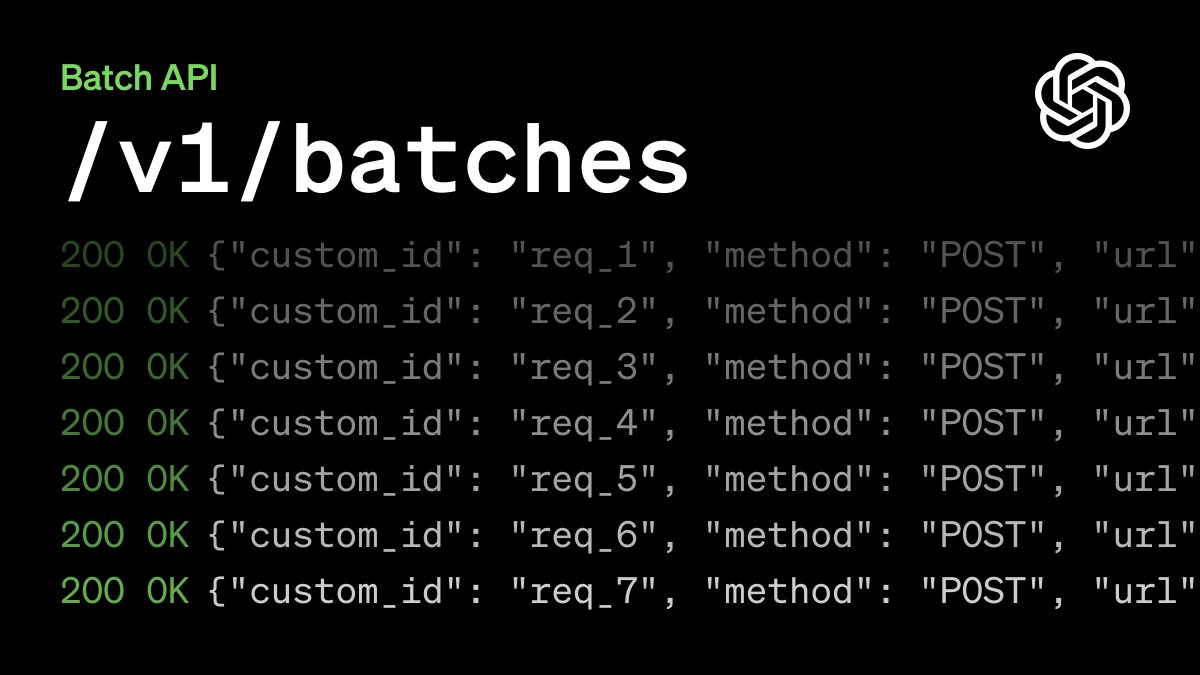 Introducing the Batch API: save costs and get higher rate limits on async tasks (such as summarization, translation, and image classification).

Just upload a file of bulk requests, receive results within 24 hours, and get 50% off API prices: platform.openai.com/docs/api-refer…