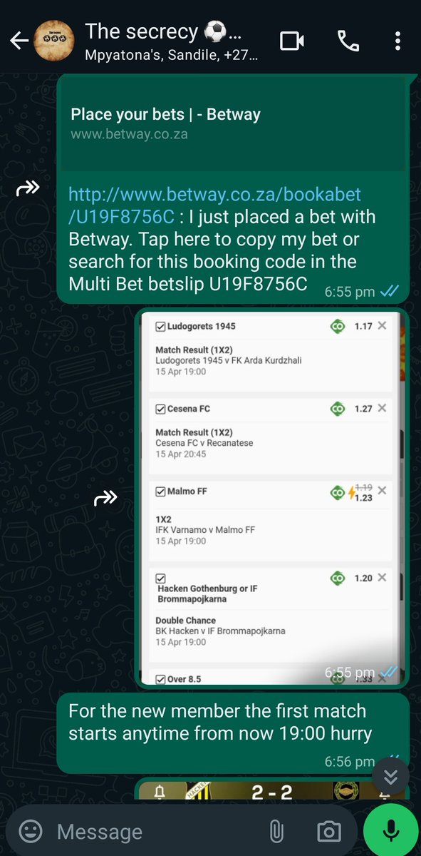 The secrecy ⚽⚽⚽

#soccer ⚽⚽⚽
Small odds but profit everyday 🤝
First slip on the group boom🤑🤑
#betway

1.Malmo FF win ✅

2.Ludogorets 1945 win✅

3 .Hacken or 
Brommapojkarna✅

4 Cesena win✅

5 chelsea VS Everton corners over 8,5 ✅

Odds 2.92✅

Bet responsibly 🚨