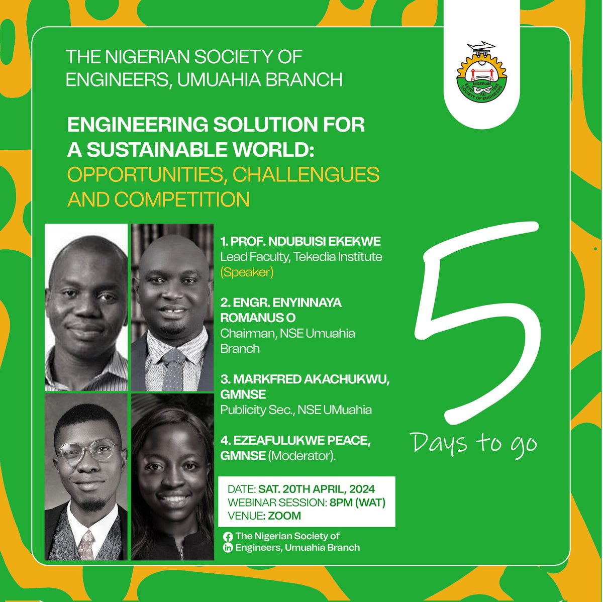 5 Days countdown 📌

The countdown is ON for the NSE Umuahia Branch's unmissable webinar on 'Engineering Solutions for a Sustainable World.'  ️ Mark your calendars for Saturday, April 20th at 8 PM WAT!

Register 👇
bit.ly/3PVKzsy

 #SustainableEngineering #Innovation