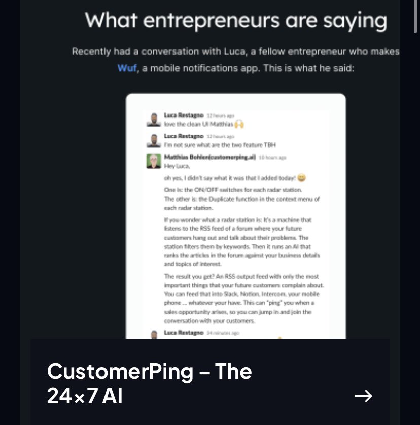 desksays's tweet photo. Latest Tool on Solopreneur AI Tools directory is CustomerPing by @bohlenlabs 

I’ve tried this out and it even helped me in Domain Investing research 🔥💯 https://t.co/ZieUvd2Jsq