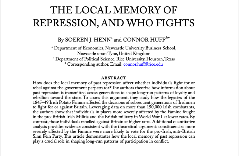 1/9 Excited to share our new paper 'The Local Memory of Repression, and Who Fights' published in @World_Pol! Co-authored with Connor Huff. Available at: doi.org/10.1353/wp.202…