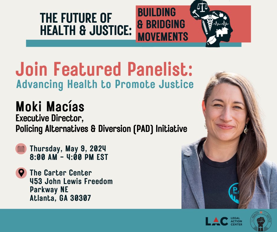 Moki Macias, ED of @PADatlanta, is one of several powerful conversationalists joining the #NoHealthNoJustice 2024 convening The Future of Health & Justice: Building & Bridging Movements. Register at the link to join us at @CarterCenter in Atl May 9 bit.ly/HealthJustice2…