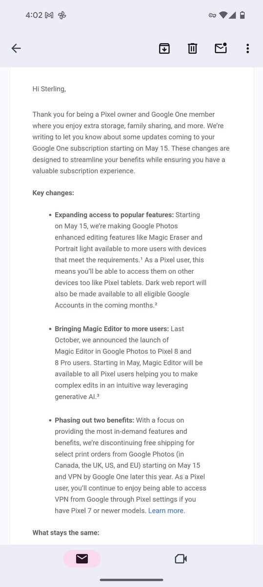 Well, I got the email from #GoogleOne saying that it's ending its #VPN. I'm a #Pixel8Pro user, so I have a built-in VPN, but I like using one on my #PixelTablet too. 

I'm going to cancel my #GoogleOne sub, and hopefully the #PixelTablet 2/Pro will include a built-in VPN.