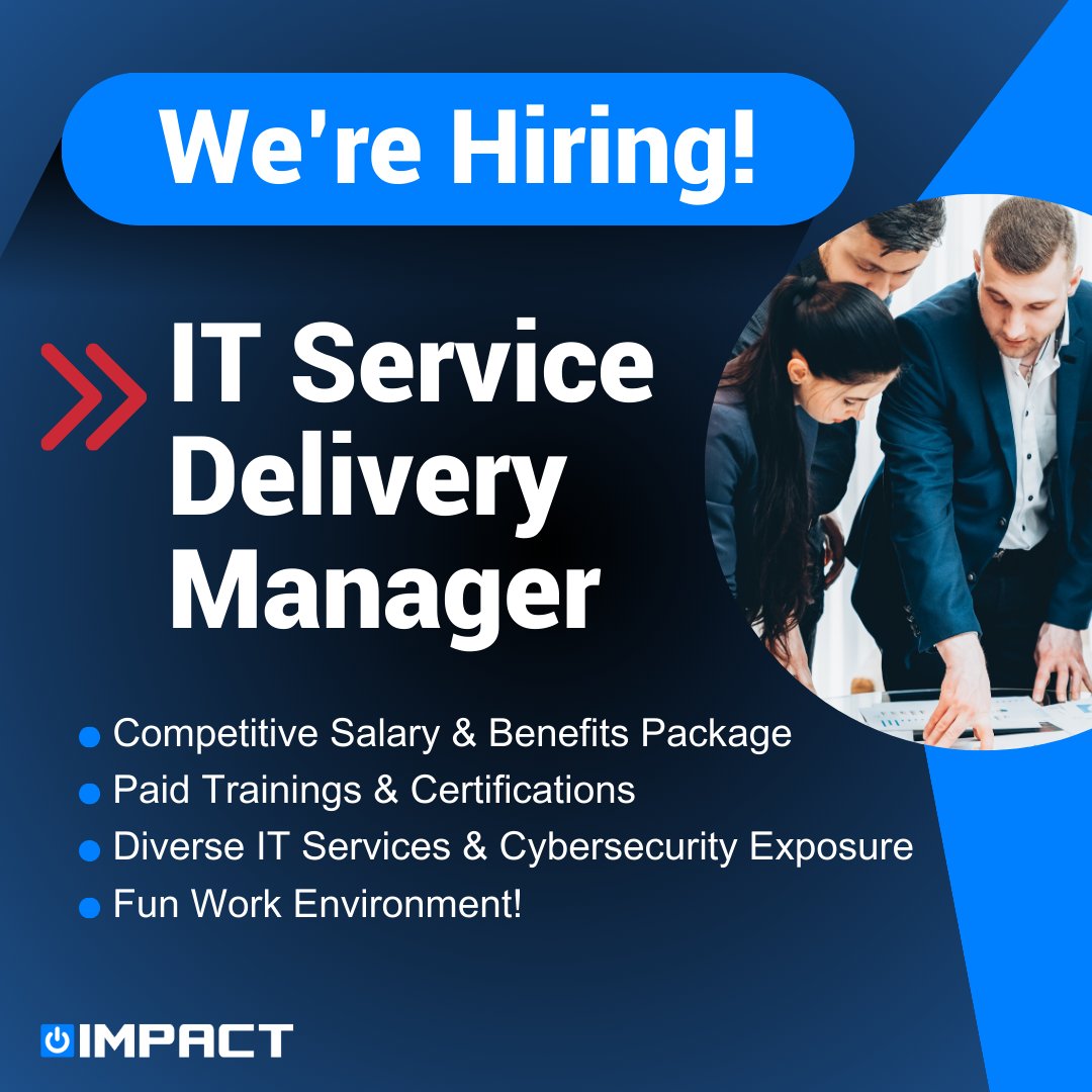 🌟 Ready to lead with IMPACT? We're seeking an IT Service Delivery Manager to drive excellence in customer service and team performance. If interested, let's talk! 

Apply now at impacttg.com/careers 🚀🖥️  

#ITManager #JoinUs #MakingITHappen