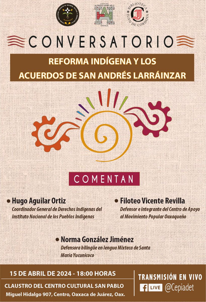 Les invitamos al conversatorio que tendrá lugar esta tarde a las 18:00 horas en el claustro de @fahho_sanpablo. El evento tendrá transmisión en vivo a través del Fb. live de @CEPIADET #eventosbijc #reformaindígenayafromexicana #FAHHO