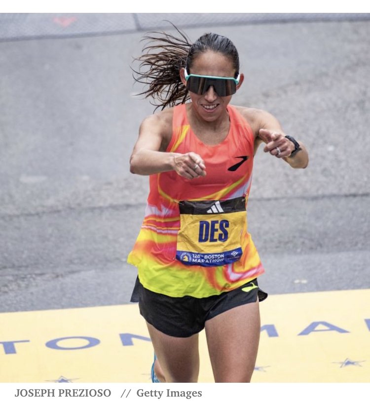 Next to photos of @des_linden winning the @bostonmarathon, this might be my favorite finish line photo of her. 💙💛 #BostonMarathon #BostonMarathon2024 #Boston128 #Boston