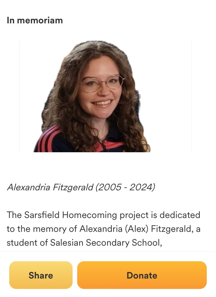 After consultation with her family and as per announced at today’s funeral service, the #SarsfieldHomecoming Project will be from now on dedicated to Alex’s memory. May she rest in peace.
