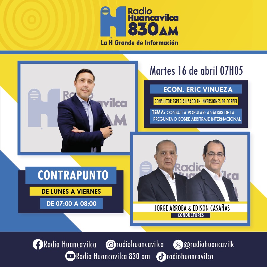 RadioHuancavilk's tweet photo. #CONTRAPUNTO || Mañana 7h05

No se pierda la entrevista con el Econ @ericvinueza, consultor especializado en inversiones de @Corpei

830am
https://t.co/ONYHTEasMx

Youtube: https://t.co/WMdk3GOx1d
Facebook: https://t.co/boUcayAz7u
X: @RadioHuancavilk https://t.co/yaSUDvPzT2