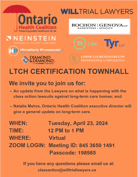will_trial's tweet photo. Join us on Tuesday, April 23, 2024 at 12 PM to get an update on what is happening with the Covid related class actions against long-term care homes. https://t.co/W6FjL1lfkX