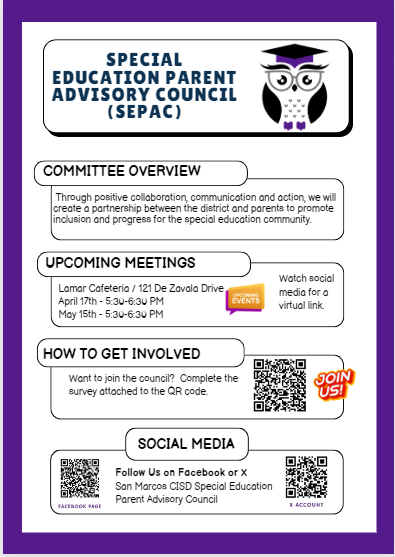SMCISD_SEPAC's tweet photo. Hope to see you at our SEPAC Meeting on Wednesday, April 17th at the Lamar Campus at 5:30 PM or Via Google Meet
Video call link: https://t.co/b5XLfHEFP1 https://t.co/78oeVE91H9