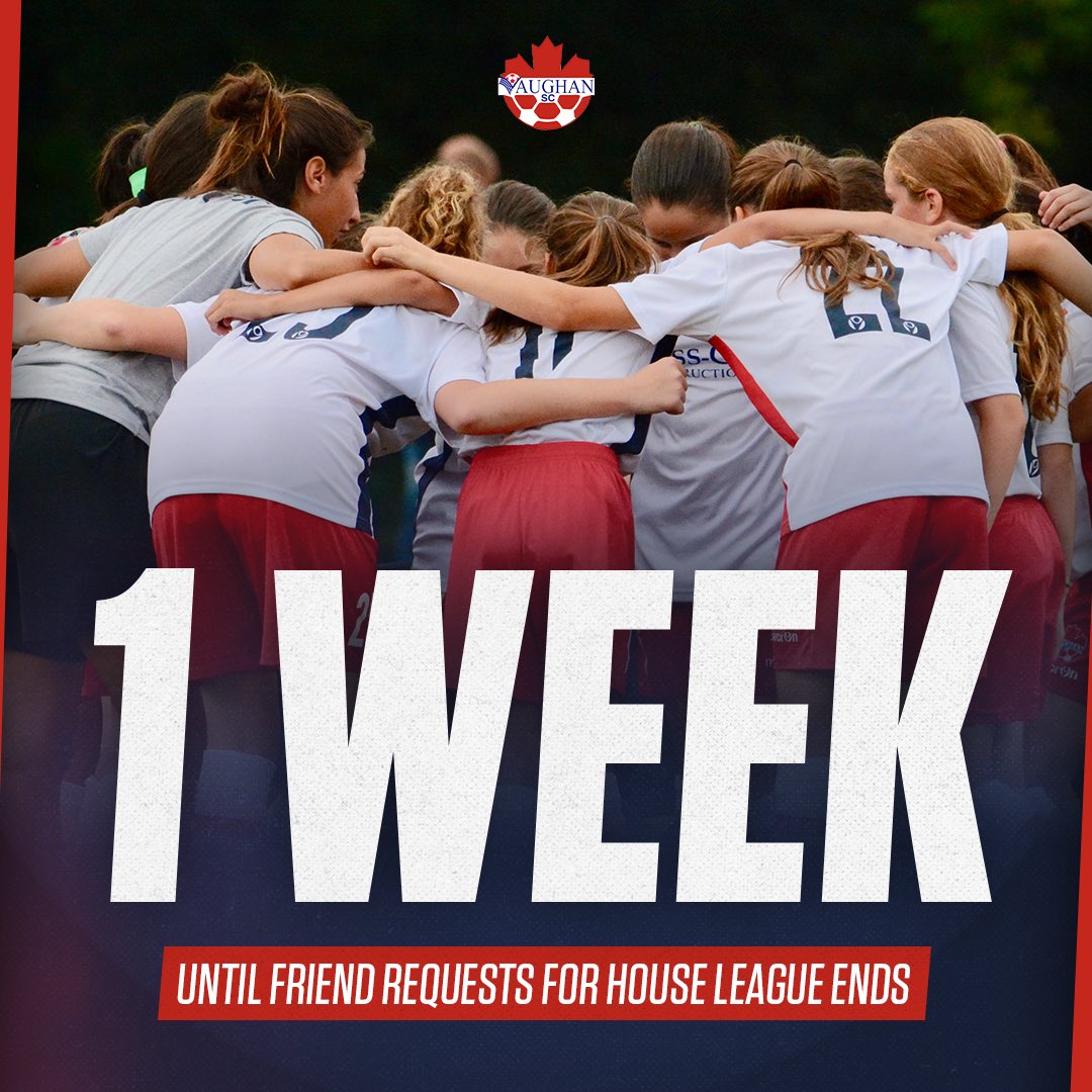 The deadline to make friend requests for house league ends in 1 week! 🚨 Register today and play on a squad with your friends! 🤗 Visit the vaughansoccer.com/2020/03/12/hou… to learn more! #WeAreVSC #HouseLeague #OntarioSoccer