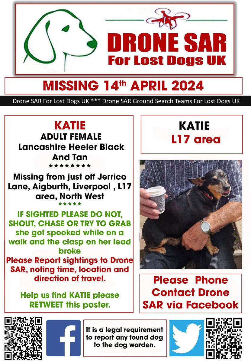 #LostDog #Alert KATIE VERY NERVOUS
Female Lancashire Heeler Black And Tan (Age: Adult)
Missing from just off Jerrico Lane, Aigburth, Liverpool , L17 area, North West on Sunday, 14th April 2024 #DroneSAR #MissingDog