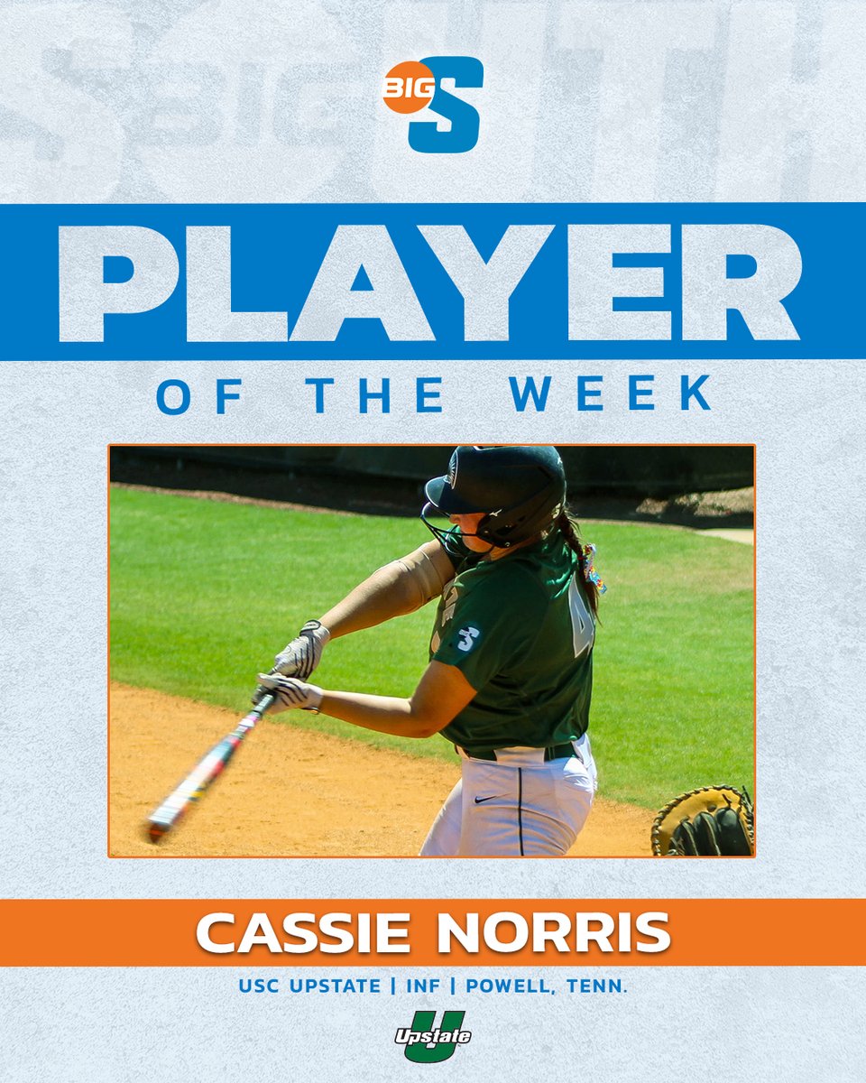 She batted .583 with 6 RBI, 3 doubles, and an .833 slugging percentage to help USC Upstate to their Big South series win over Presbyterian last week 🔥 @UpstateSoftball's Cassie Norris is the #BigSouthSB Player of the Week!