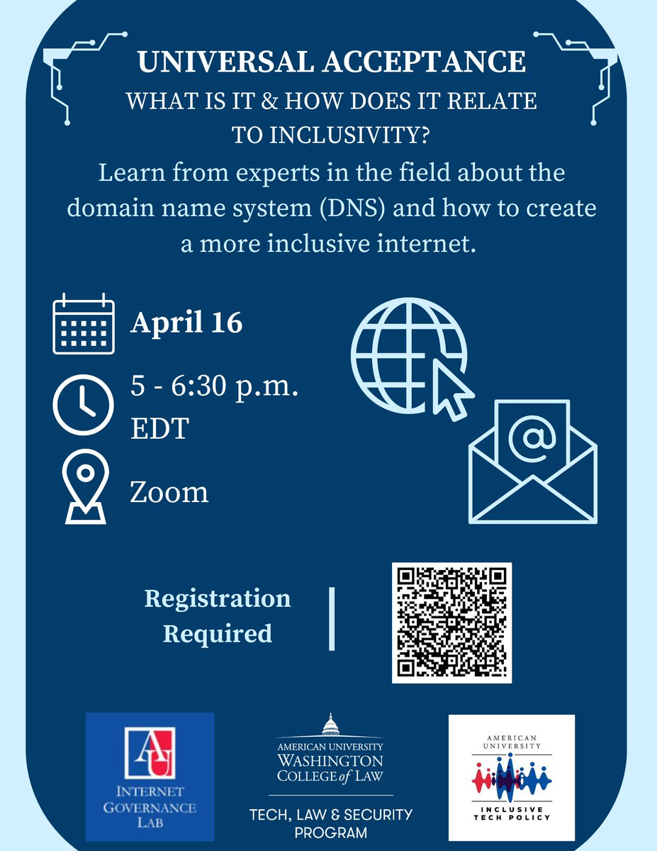 The American University’s Internet Governance Lab is hosting a virtual event on 16 April at 17:00 EDT (21:00 UTC). Register today! bit.ly/3TVMtdX [bit.ly/3TRFyCg]. #ICANN's Senior VP, Global Domains &amp; Strategy, Theresa Swinehart, is one of the panelists.