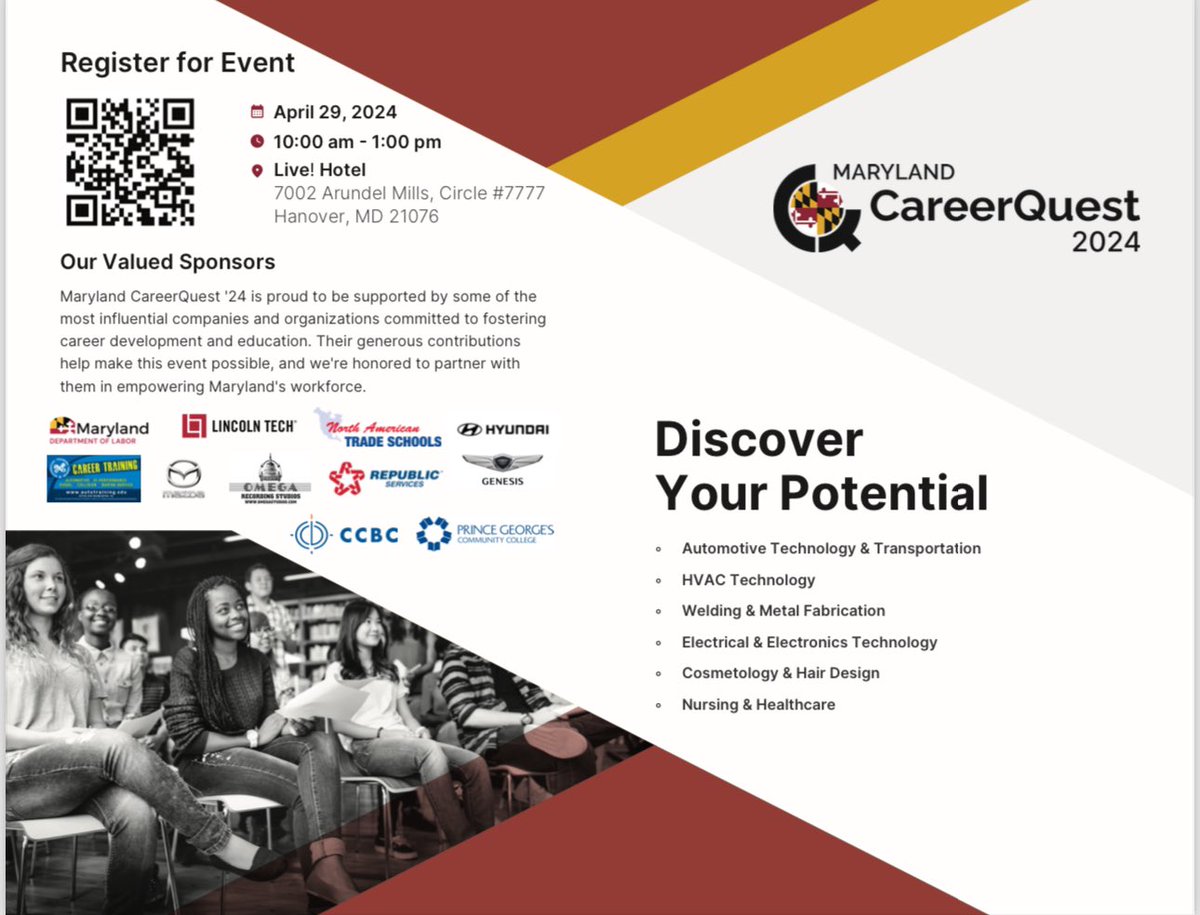 delegatepasteur's tweet image. April 29, 2024
10:00 am - 1:00 pm
Live! Hotel
7002 Arundel Mills, Circle #7777
Hanover, MD 21076

Maryland CareerQuest '24